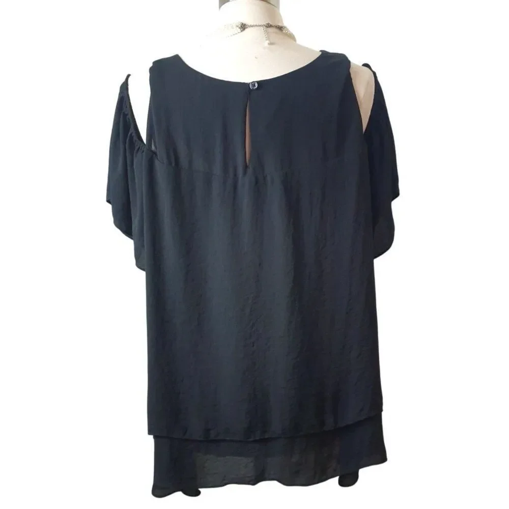 Boutique Womens 1X Blouse Black Cold Shoulder Chic Layered Y2K Loose Fit Festive